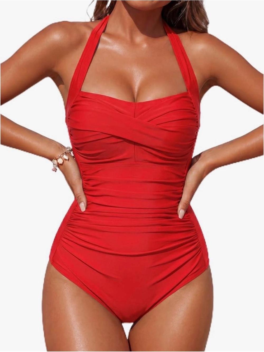 Red Halter One-Piece Swimsuit - Classic Ruched Design